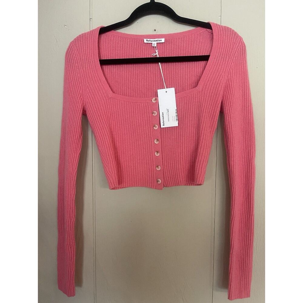 Reformation Pink Ribbed Cardigan Sweater